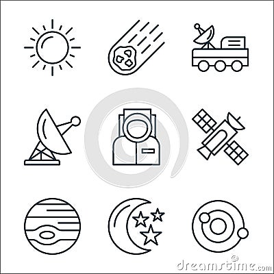 space line icons. linear set. quality vector line set such as galaxy, moon and stars, jupiter, satellite, astronaut, antenna, Vector Illustration