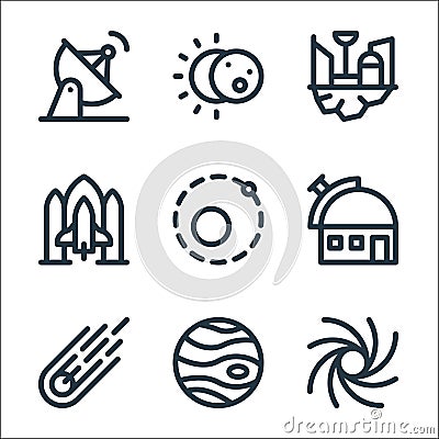 Space line icons. linear set. quality vector line set such as milky way, jupiter, meteorite, observatory, orbit, spaceship, space Vector Illustration