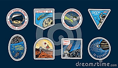 Space logo. Exploration of the astronomical galaxy. Mission Mars. Astronaut or spaceman adventure. Planets and Vector Illustration