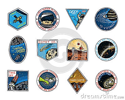 Space logo. Exploration of the astronomical galaxy. Mission Mars. Astronaut or spaceman adventure. Planets and Vector Illustration