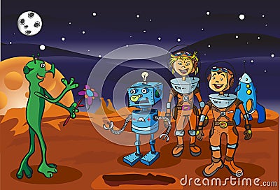 Space meeting children-astronauts and alien Vector Illustration