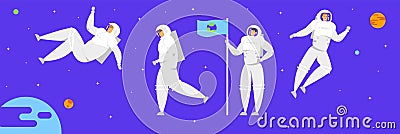 Space Men, Astronaut Characters Wearing Spacesuit Holding Flag with Earth Image on Starry Dark Blue Sky Vector Illustration