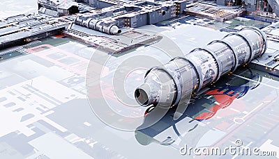 Space military base with innovative construction technology background. Sci-fi and industrial concept. 3D illustration rendering Cartoon Illustration