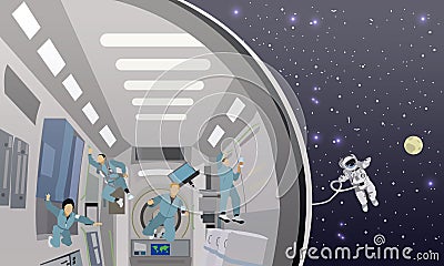 Space mission concept vector illustration. Cosmonauts flying in no gravity Vector Illustration