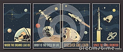 Space Missions Poster Set Retro Future Style Vector Illustration