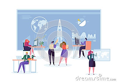 Space Monitoring for Rocket Launch. Corporate Startup Worker Character Start Project Boost Technology. Tracking Panel Vector Illustration