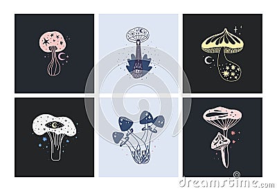 Space mushrooms poster set. Hand drawn line pastel colored mushroom collection. Cosmos, magic or forest doodle plants, fantastic Vector Illustration