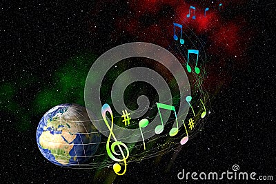 Space music background. Planet Earth in space. The globe flying in outer space, carried away by a musical stave Stock Photo
