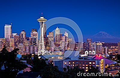 Space Needle tower and Seattle skyline at dusk Editorial Stock Photo