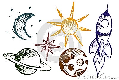 Space objects with rocket. Vector Illustration