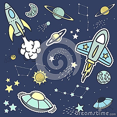 Space objets stickers patches and design elements Vector Illustration