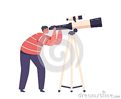 Space Observation Hobby, Curious Boy Look In Telescope Isolated on White Background. Child Studying Astronomy Science Vector Illustration