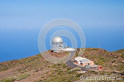 Space observatories on the top of the El Roque de los Muchachos mountain on La Palma Stock Photo