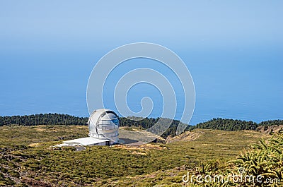 Space observatories on the top of the El Roque de los Muchachos mountain on La Palma Stock Photo