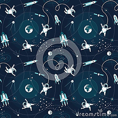 Space astronaut spaceman characters exploring outer space seamless background pattern Vector Illustration