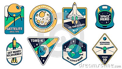 Space patch. Retro rocket sticker with astronaut logo, vintage cosmos exploration badge. Vector solar system planets and Vector Illustration