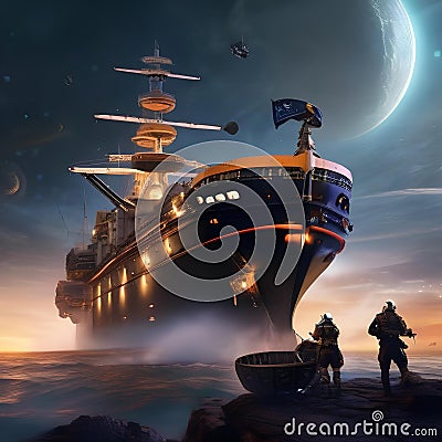 Space pirates, Ruthless band of space pirates raiding a cargo ship amidst the vastness of space3 Stock Photo