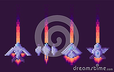 Space Pixel Game, Spaceships with Traces at Sky Vector Illustration