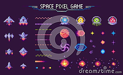 Space Pixel Game Spaceship and Plants Mosaic Set Vector Illustration