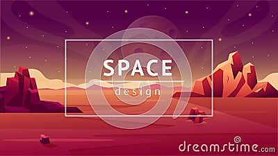 Space planet background. Mars panorama. Flat galaxy landscape with stars and moon surface. Abstract alien ground. Cosmos Vector Illustration
