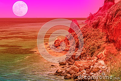 Space planet land concept with purple sky, day moon and vivid sea Stock Photo