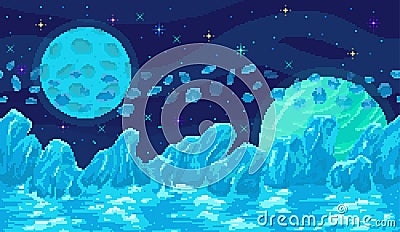 Space planet in pixel art. Pixelated landscape for game or application. 8 bit video game Vector Illustration