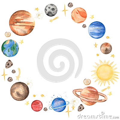 Space Planet Wreath Clipart. Watercolor solar system illutration, Moon, Galaxy Frame clip art, Earth Stock Photo