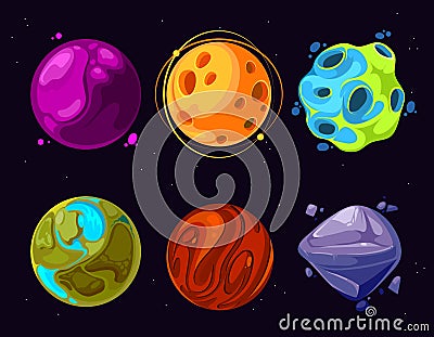 Space planets, asteroid, moon, fantastic world game vector cartoon icons Vector Illustration