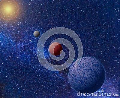Space planets background. Distant solar system panorama in cosmos Stock Photo