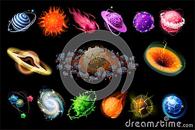 Space planets. Cartoon Universe elements, fire stones, ice comets, iron and gas planets, detailed fantasy colorful Vector Illustration