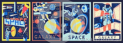 Space posters. Futuristic astronaut banners set. Cosmic backgrounds with spaceman and galactic views. Universe explorers Vector Illustration