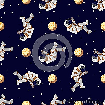 Space print. Flat Funny flying astronaut in space with stars and moon. Seamless pattern Stock Photo