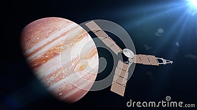 Juno spacecraft in front of the planet Jupiter lit by the Sun 3d illustration, elements of this image are furnished by NASA Stock Photo