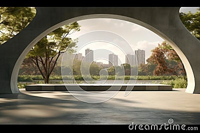 Space for products showcases in the concrete hallway with a park background.3d rendering. Stock Photo