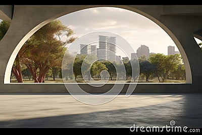 Space for products showcases in the concrete hallway with a park background.3d rendering. Stock Photo