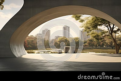 Space for products showcases in the concrete hallway with a park background.3d rendering. Stock Photo