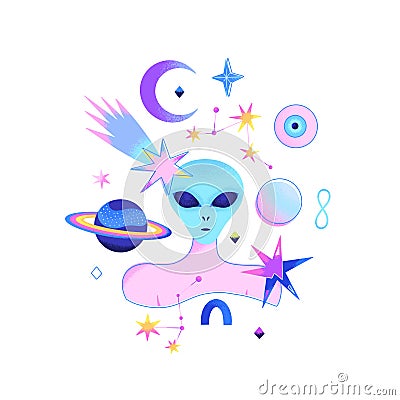 Space psychedelic composition of alien with woman body, planets, stars, constellations isolated on white background Vector Illustration