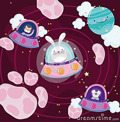 space rabbit koala and cat in spaceship planets adventure explore cartoon Vector Illustration