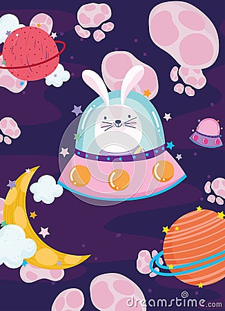 space rabbit in spaceship moon planets adventure explore animal cartoon Vector Illustration