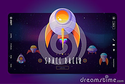 Space racer game cartoon landing, alien spaceships Vector Illustration