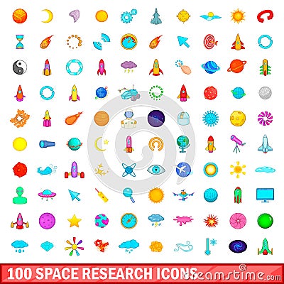 100 space research icons set, cartoon style Vector Illustration