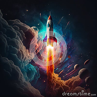 A space rocket blasting off into space. There are galaxies and planets around. Created with Generative AI. Midjourney illustration Cartoon Illustration