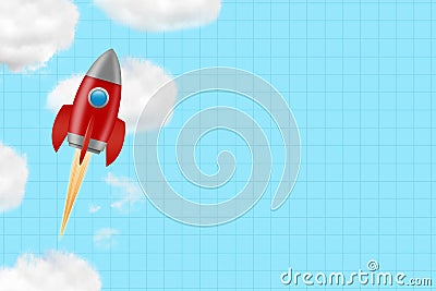 Space rocket, in the blue cloudy sky. Copy space. Place for text. The concept of the new school year. Education. Stock Photo