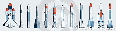 Space rocket collection. Flight spaceship with space module, rocket for suborbital flight, space mission and astronomy Vector Illustration