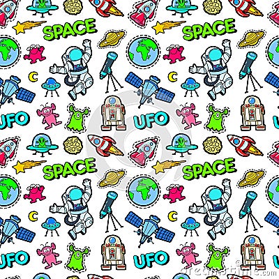 Space Rocket Cosmonaut Planets and UFO Aliens Seamless Pattern Vector Illustration