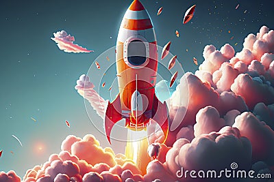Space rocket flying toward the clouds believable rocket icon Having a successful Stock Photo