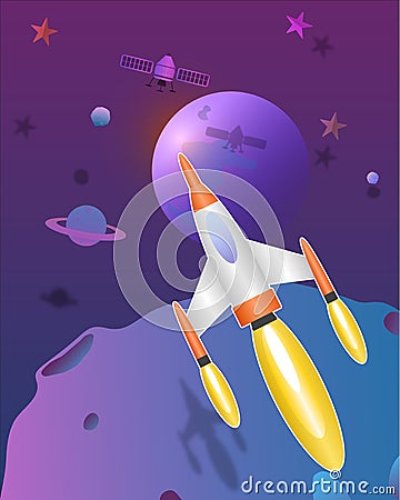 Space rocket flying in the universe cute art vector paper art Vector Illustration