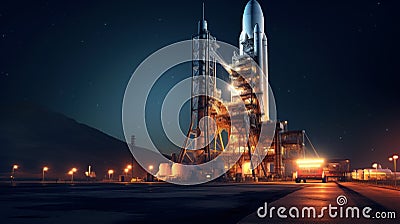 Space rocket is on launch pad before start at night, heavy ship and lights on sky background. Concept of travel, technology, Stock Photo