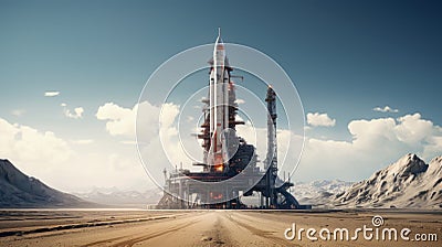 Space rocket is on launch pad before start, spacecraft in desert on sky background. Concept of travel, technology, science, sls, Stock Photo