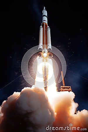 Space rocket launch into space at night. NASA spaceship countdown. Shuttle takeoff. Stock Photo